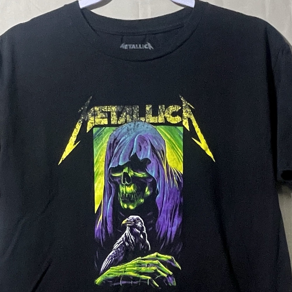 Metallica - Mens L Black Graphic T-Shirt Grim Reaper Raven Neon Metal Band Tee